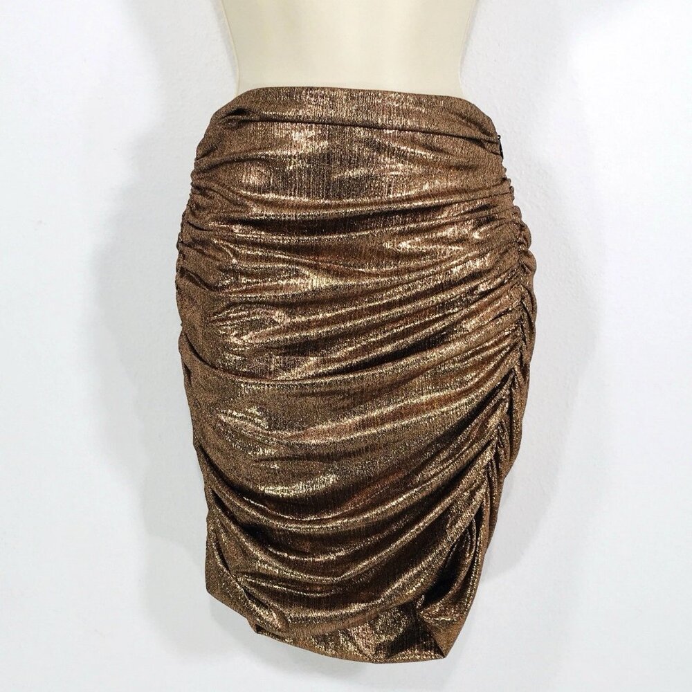 Sugar Lips Gold Bronze Mini Skirt Sz XS Ruched Bubble Hem Fairy Glam